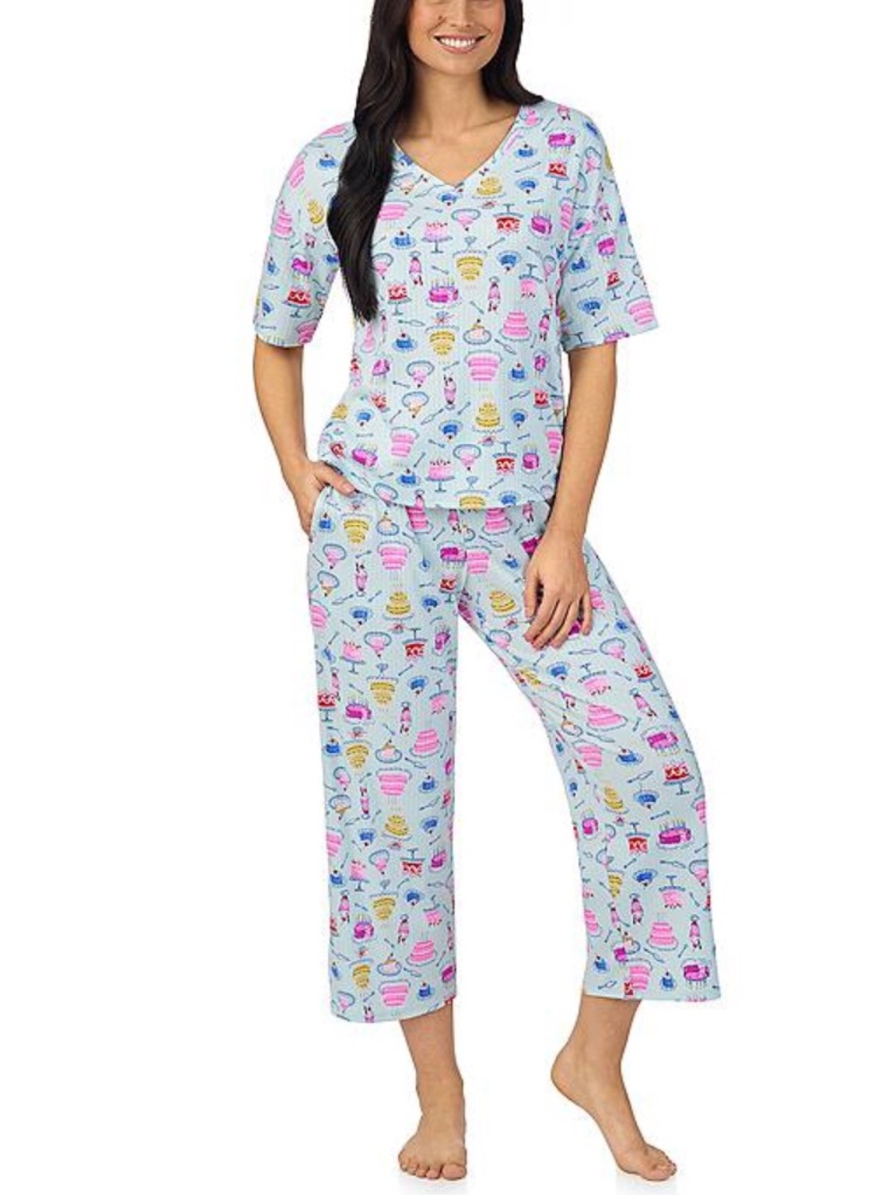 Cuddl Duds Pajama Set NEW V Neck Short Sleeve Capri Pant Set M Aqua Desserts